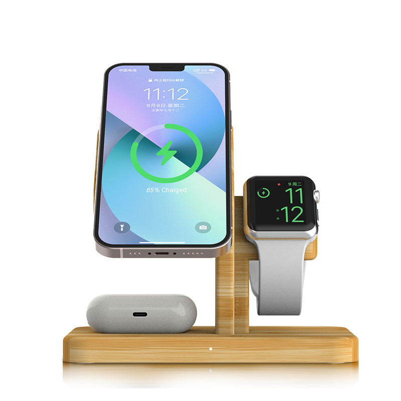 3-in-1 MagSafe15W Bamboo Iphone Wireless Charger — product detail view