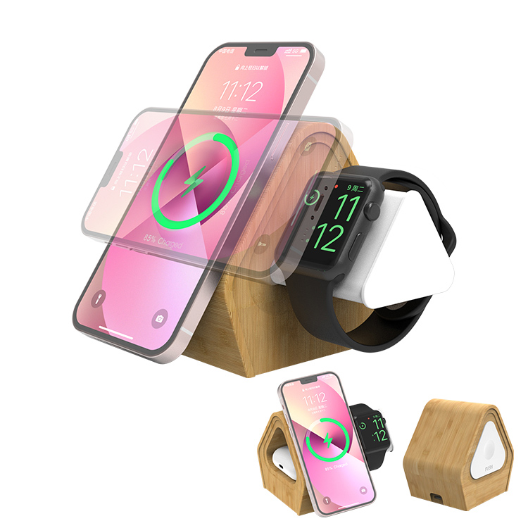 WEG-2201 3-in-1 15W MagSafe Bamboo Wireless Charger — product detail view