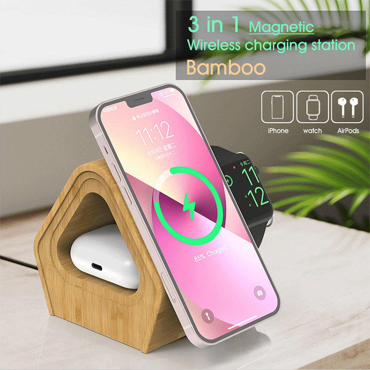 WEG-2201 3-in-1 15W MagSafe Bamboo Wireless Charger — product detail view
