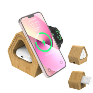 WEG-2201 3-in-1 15W MagSafe Bamboo Wireless Charger — WECENT GaN and wireless charger manufacturer